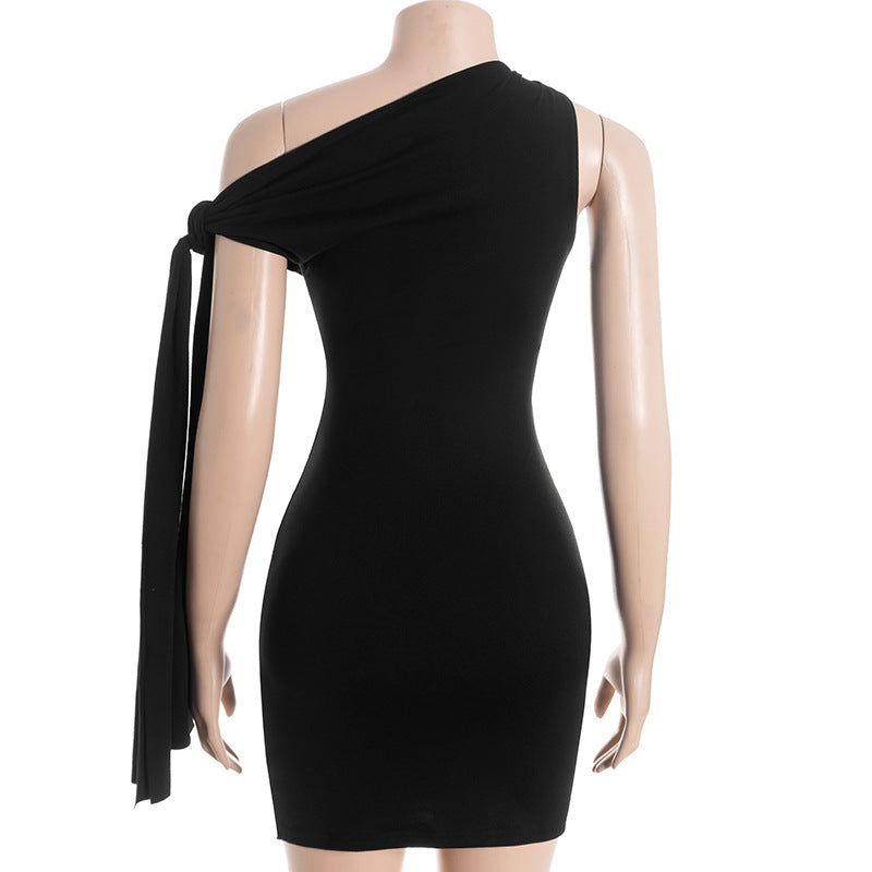 Sleek Black One-Shoulder Tie Mini Dress - Your Go-To Bodycon for Fall Parties & Date Nights