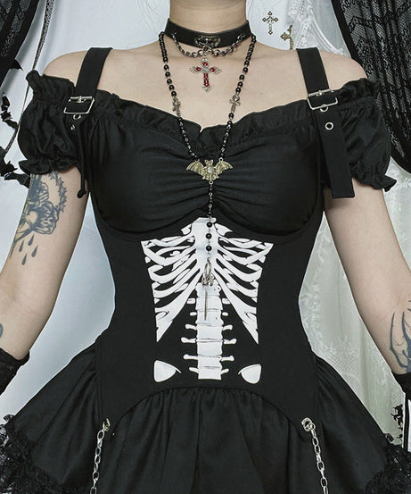 Spooky Season Siren: Gothic Skeleton Ribcage Mini Dress with Buckle Straps & Off-Shoulder Puffs