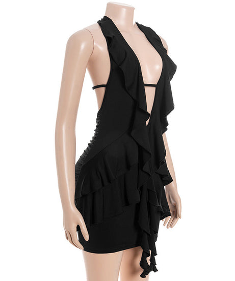 The Sassy LBD: Halter Ruffle Deep V Mini Dress for Fall Nights & Holiday Parties