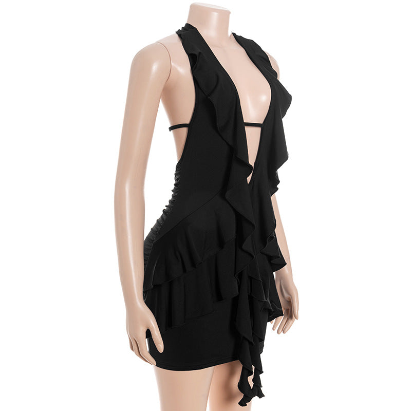 The Sassy LBD: Halter Ruffle Deep V Mini Dress for Fall Nights & Holiday Parties