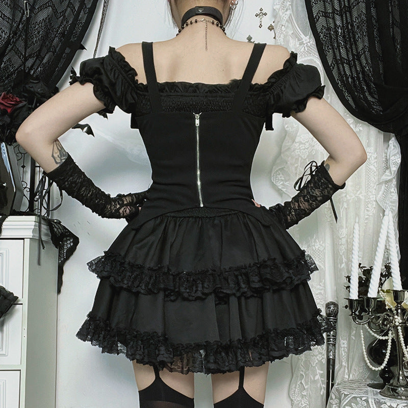 Spooky Season Siren: Gothic Skeleton Ribcage Mini Dress with Buckle Straps & Off-Shoulder Puffs