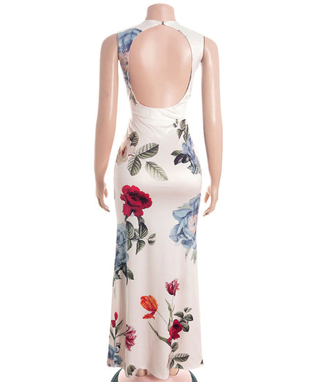 Stunning Fall Floral Maxi Dress for Women - Chic Sleeveless Gown with Keyhole Back