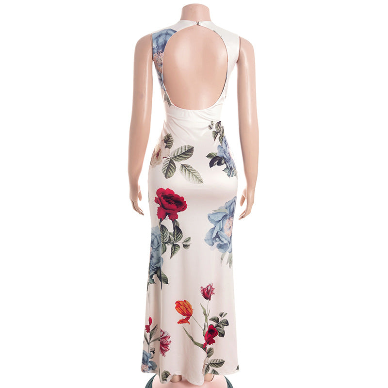 Stunning Fall Floral Maxi Dress for Women - Chic Sleeveless Gown with Keyhole Back