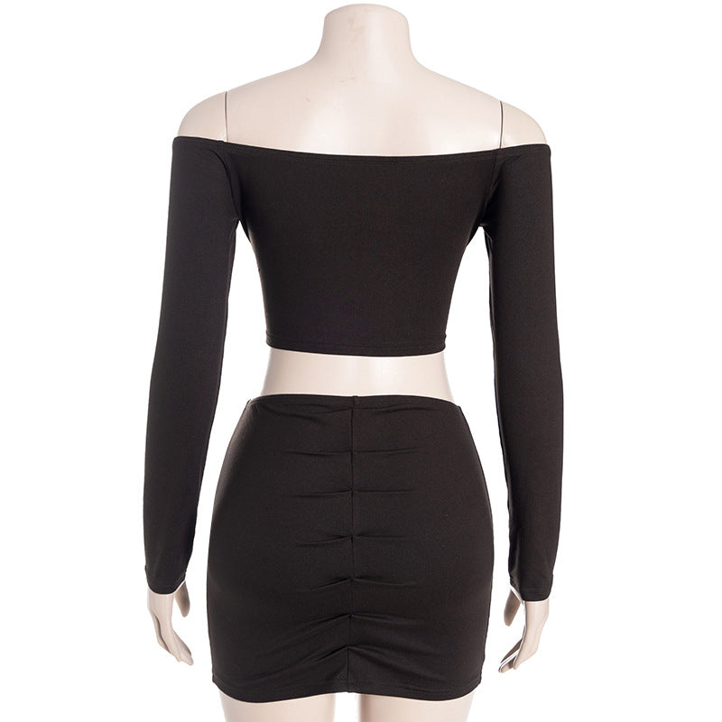 Chic Off-Shoulder Pearl Ruched Two-Piece Set: Long Sleeve Crop Top & Bodycon Mini Skirt - Fall 2025 Edition