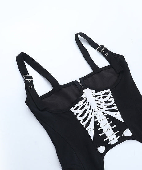 Spooky Season Siren: Gothic Skeleton Ribcage Mini Dress with Buckle Straps & Off-Shoulder Puffs