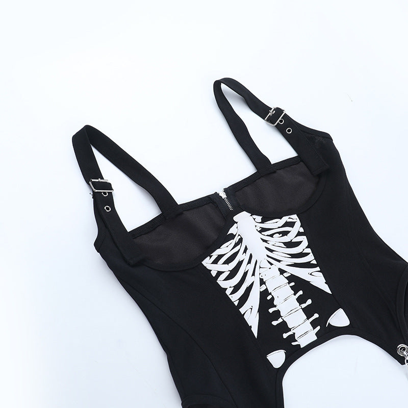 Spooky Season Siren: Gothic Skeleton Ribcage Mini Dress with Buckle Straps & Off-Shoulder Puffs
