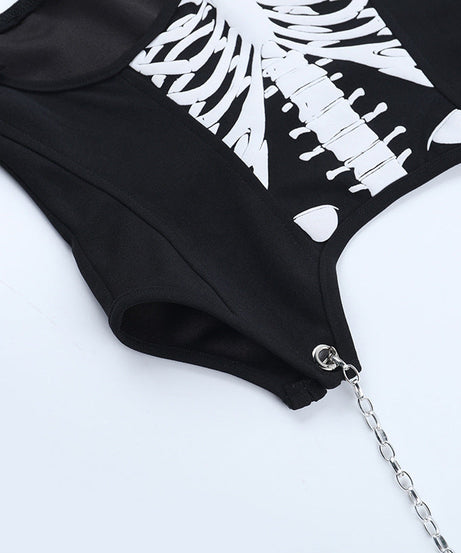 Spooky Season Siren: Gothic Skeleton Ribcage Mini Dress with Buckle Straps & Off-Shoulder Puffs