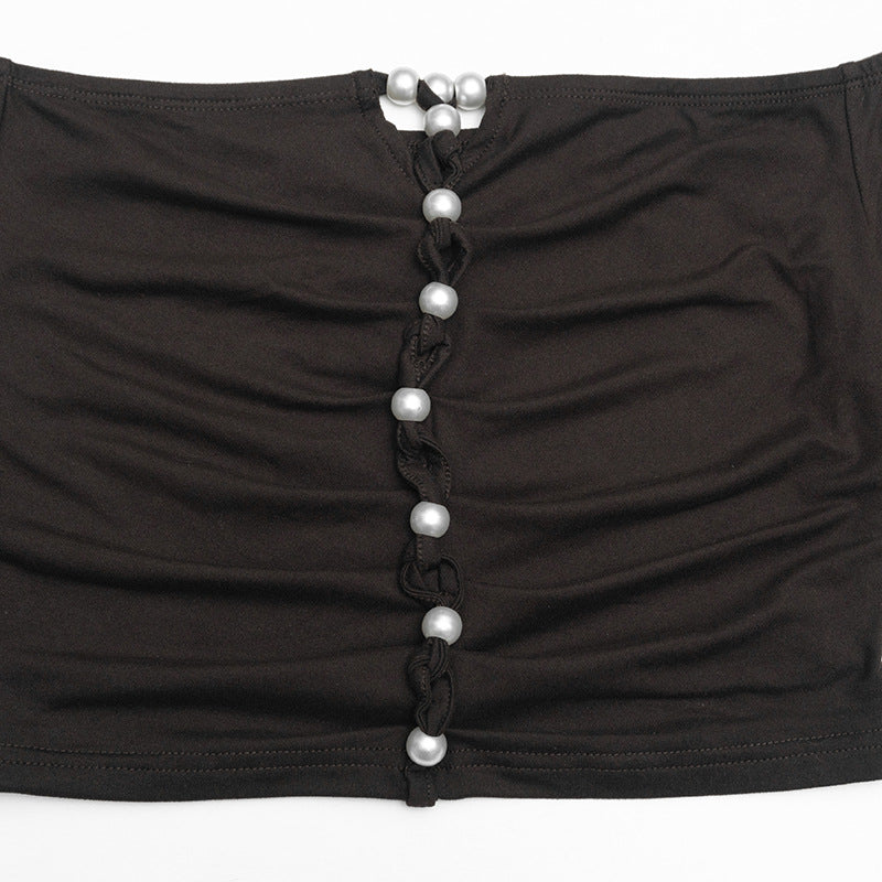 Chic Off-Shoulder Pearl Ruched Two-Piece Set: Long Sleeve Crop Top & Bodycon Mini Skirt - Fall 2025 Edition