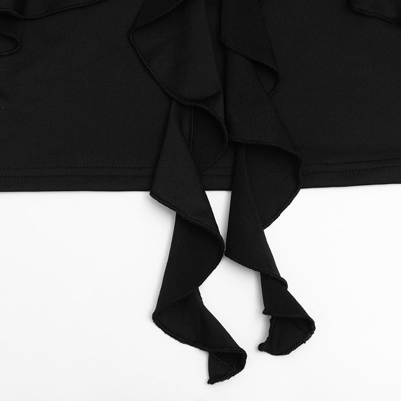 The Sassy LBD: Halter Ruffle Deep V Mini Dress for Fall Nights & Holiday Parties