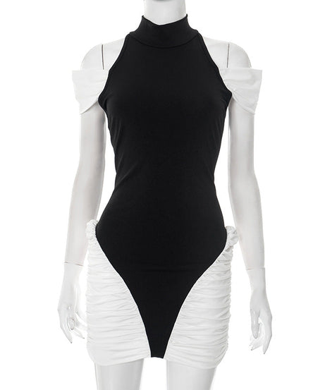 Chic Black & White Halter Off-Shoulder Ruched Mini Dress - Perfect for Fall Parties & Holiday Glam