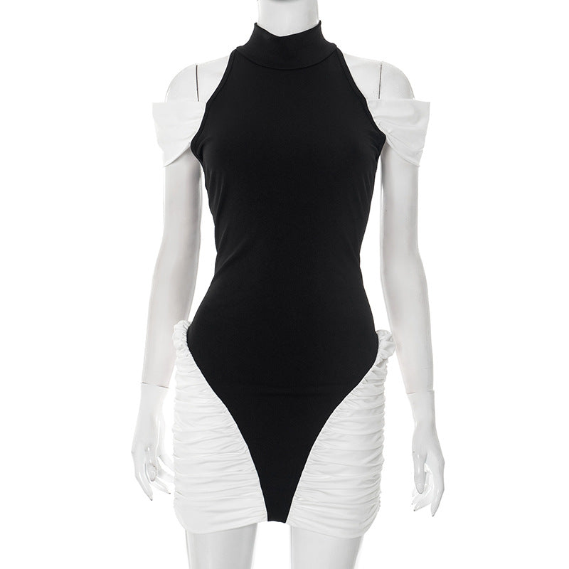 Chic Black & White Halter Off-Shoulder Ruched Mini Dress - Perfect for Fall Parties & Holiday Glam