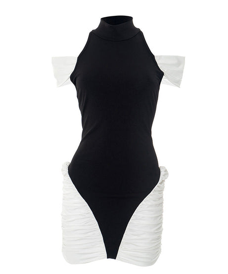 Chic Black & White Halter Off-Shoulder Ruched Mini Dress - Perfect for Fall Parties & Holiday Glam
