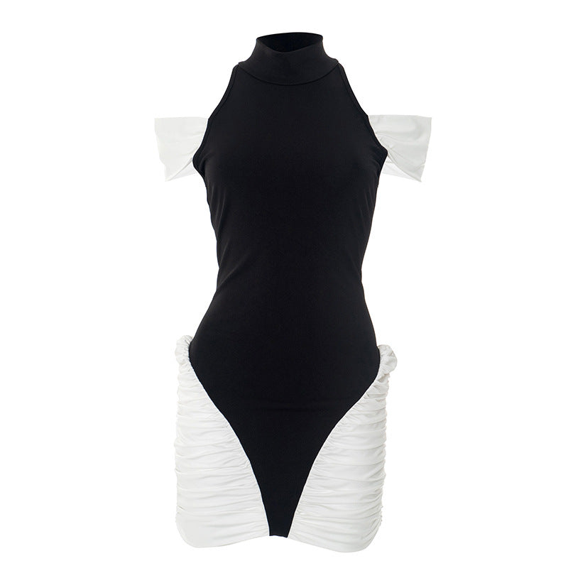 Chic Black & White Halter Off-Shoulder Ruched Mini Dress - Perfect for Fall Parties & Holiday Glam