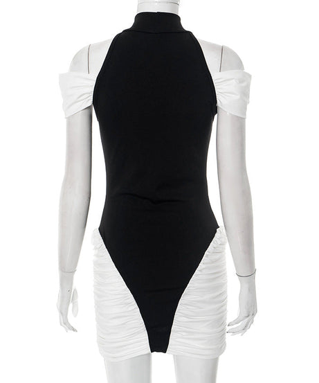 Chic Black & White Halter Off-Shoulder Ruched Mini Dress - Perfect for Fall Parties & Holiday Glam