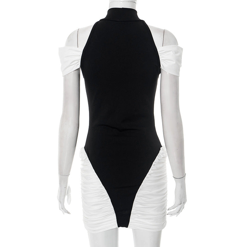 Chic Black & White Halter Off-Shoulder Ruched Mini Dress - Perfect for Fall Parties & Holiday Glam