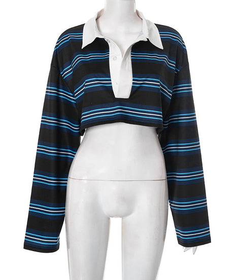 Effortless Fall Style: Trendy Striped Long Sleeve Crop Polo