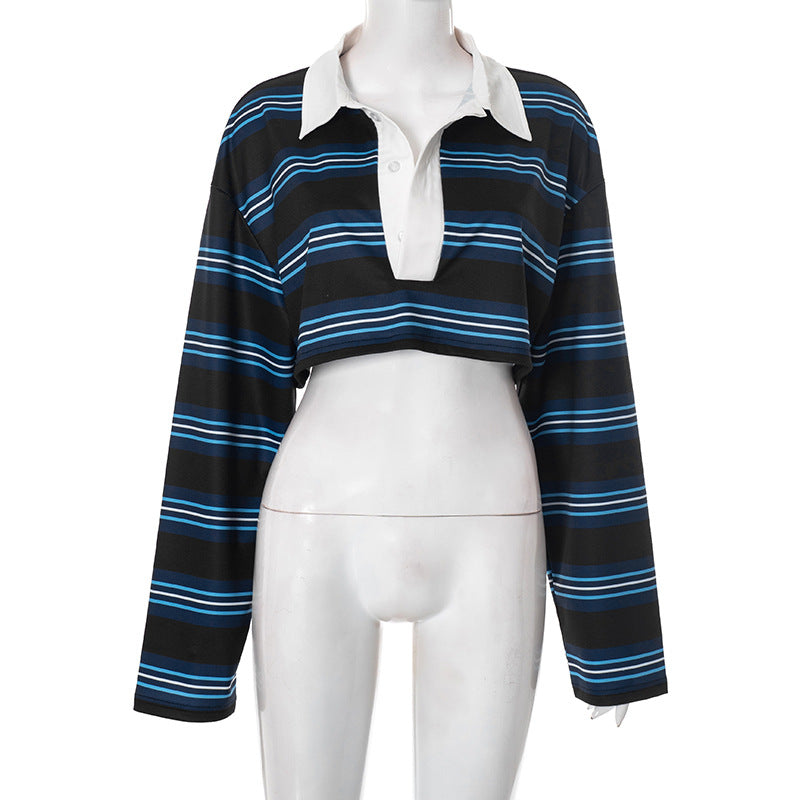 Effortless Fall Style: Trendy Striped Long Sleeve Crop Polo