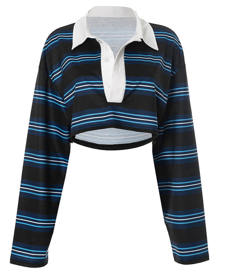 Effortless Fall Style: Trendy Striped Long Sleeve Crop Polo