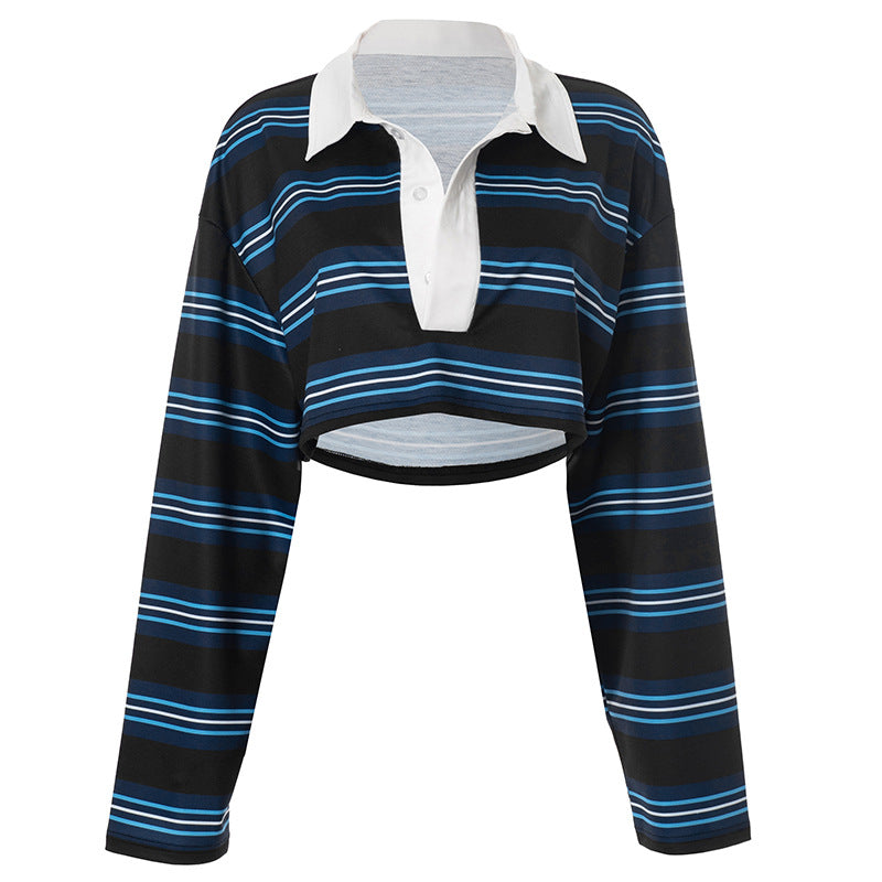 Effortless Fall Style: Trendy Striped Long Sleeve Crop Polo