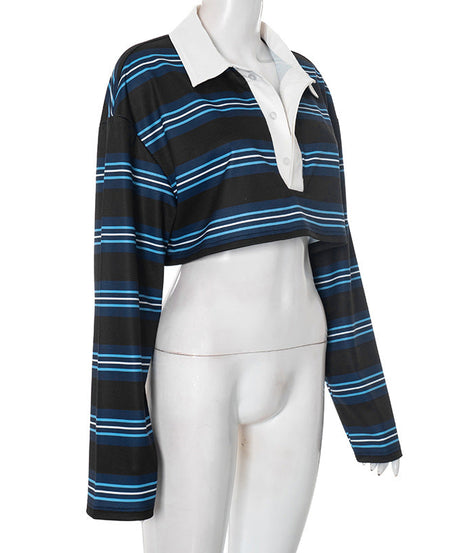 Effortless Fall Style: Trendy Striped Long Sleeve Crop Polo