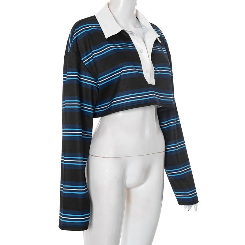 Effortless Fall Style: Trendy Striped Long Sleeve Crop Polo
