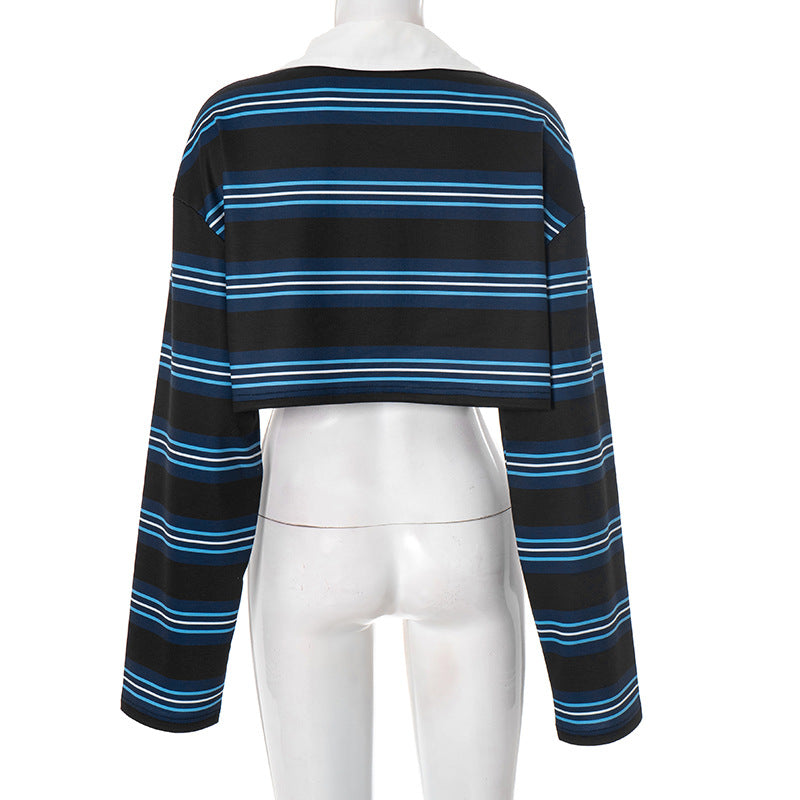 Effortless Fall Style: Trendy Striped Long Sleeve Crop Polo