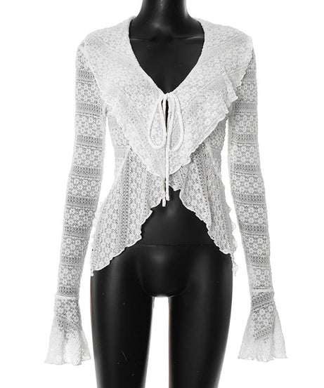 Romantic Ruffle & Tie V-Neck Top - Boho Chic Flared Lace-Knit Sleeves for Effortless Fall Style