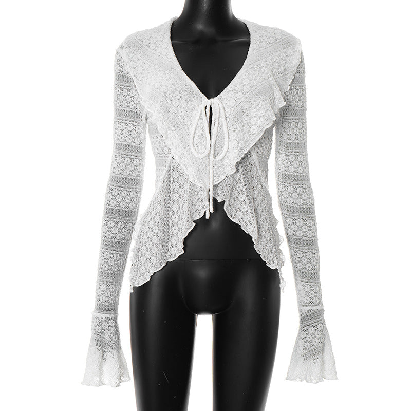 Romantic Ruffle & Tie V-Neck Top - Boho Chic Flared Lace-Knit Sleeves for Effortless Fall Style