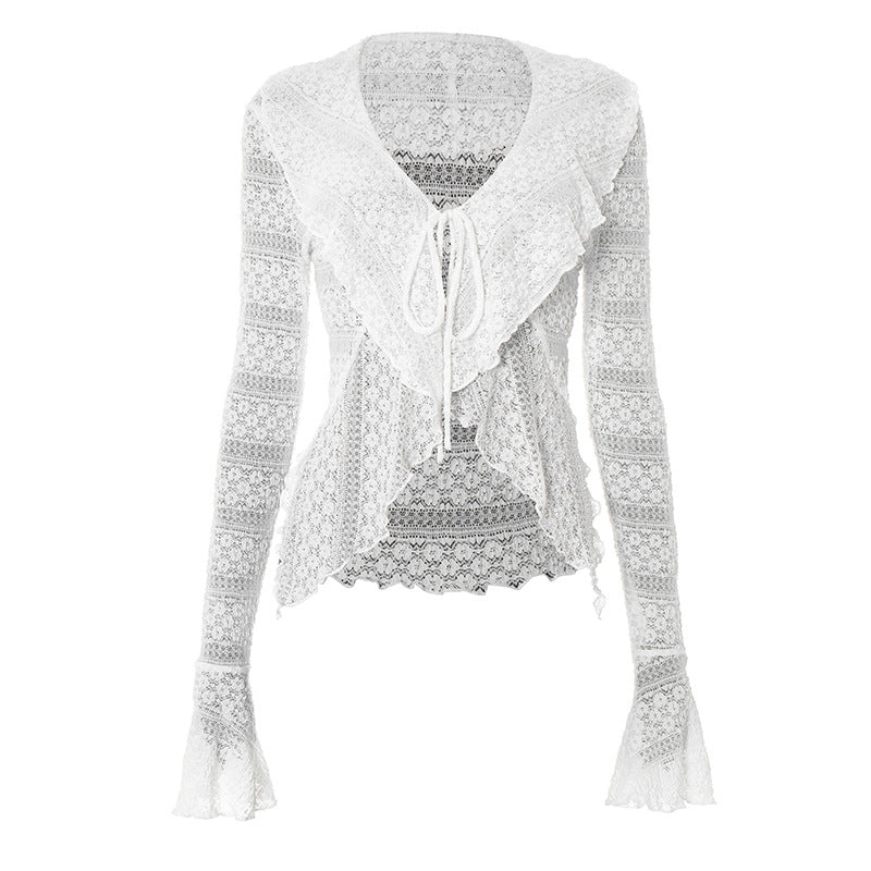 Romantic Ruffle & Tie V-Neck Top - Boho Chic Flared Lace-Knit Sleeves for Effortless Fall Style