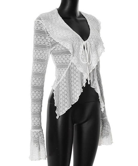 Romantic Ruffle & Tie V-Neck Top - Boho Chic Flared Lace-Knit Sleeves for Effortless Fall Style