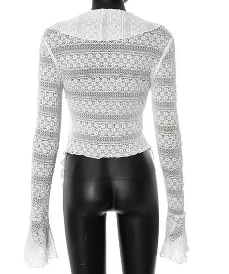 Romantic Ruffle & Tie V-Neck Top - Boho Chic Flared Lace-Knit Sleeves for Effortless Fall Style