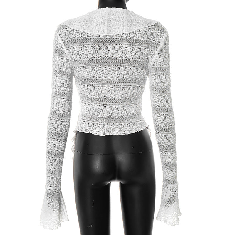 Romantic Ruffle & Tie V-Neck Top - Boho Chic Flared Lace-Knit Sleeves for Effortless Fall Style