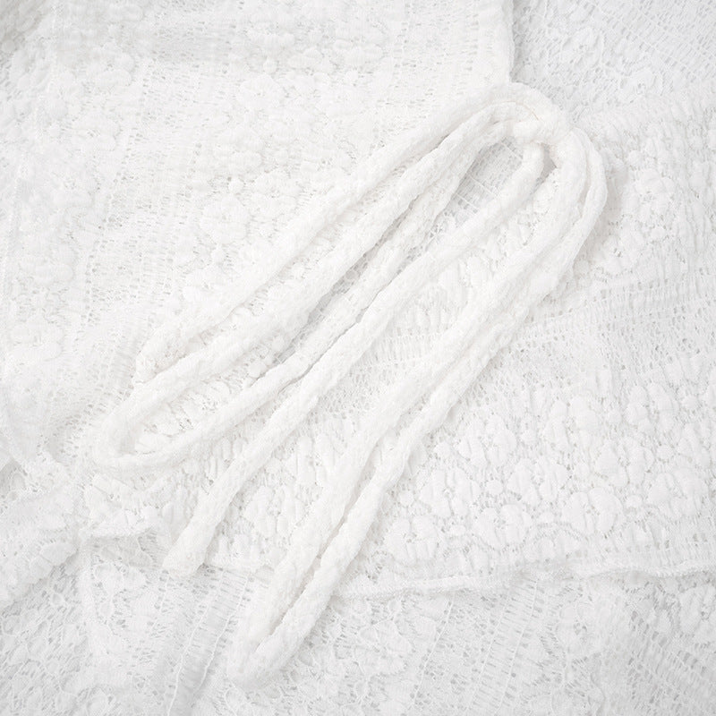 Romantic Ruffle & Tie V-Neck Top - Boho Chic Flared Lace-Knit Sleeves for Effortless Fall Style