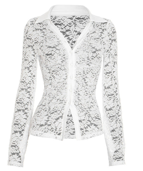 Chic White Lace Sheer Button-Up Top - Fall Layering & Date Night Must-Have