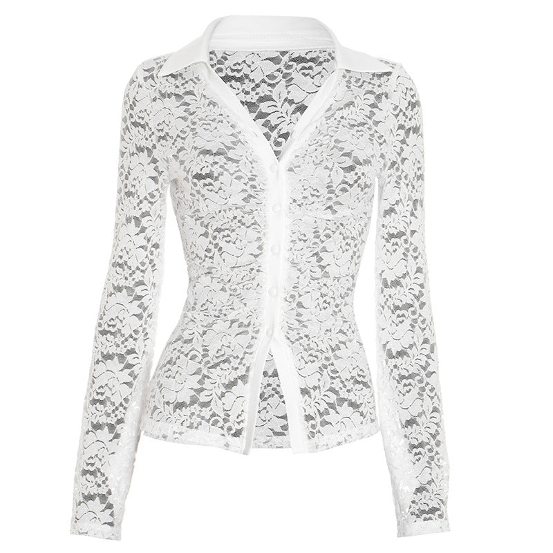 Chic White Lace Sheer Button-Up Top - Fall Layering & Date Night Must-Have