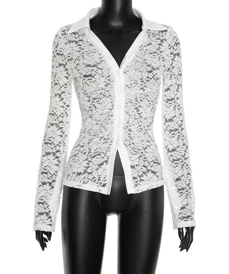 Chic White Lace Sheer Button-Up Top - Fall Layering & Date Night Must-Have