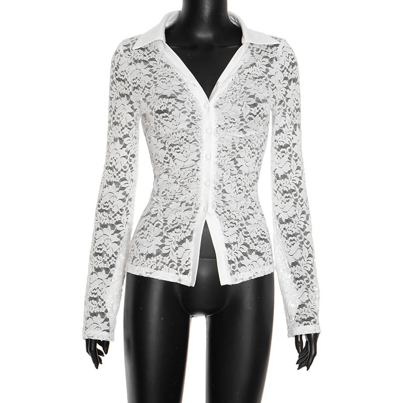 Chic White Lace Sheer Button-Up Top - Fall Layering & Date Night Must-Have