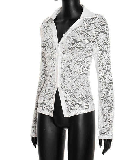 Chic White Lace Sheer Button-Up Top - Fall Layering & Date Night Must-Have