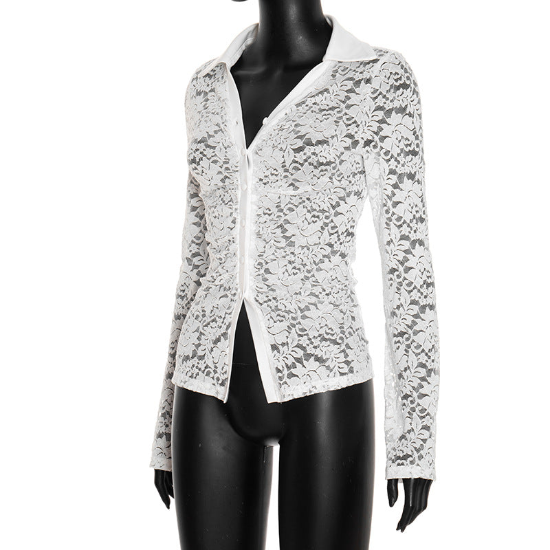 Chic White Lace Sheer Button-Up Top - Fall Layering & Date Night Must-Have