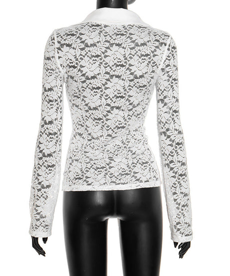 Chic White Lace Sheer Button-Up Top - Fall Layering & Date Night Must-Have