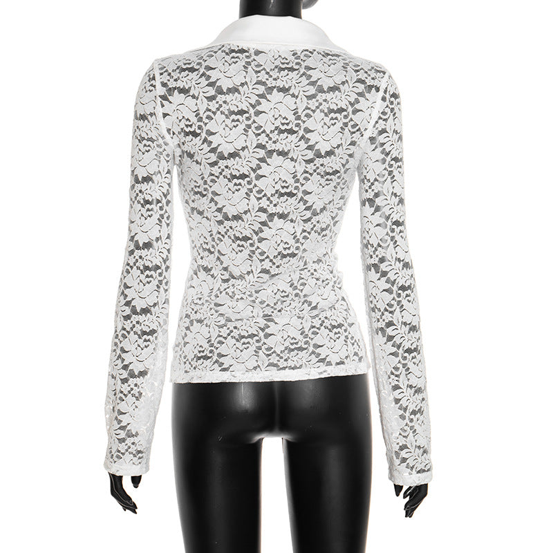 Chic White Lace Sheer Button-Up Top - Fall Layering & Date Night Must-Have
