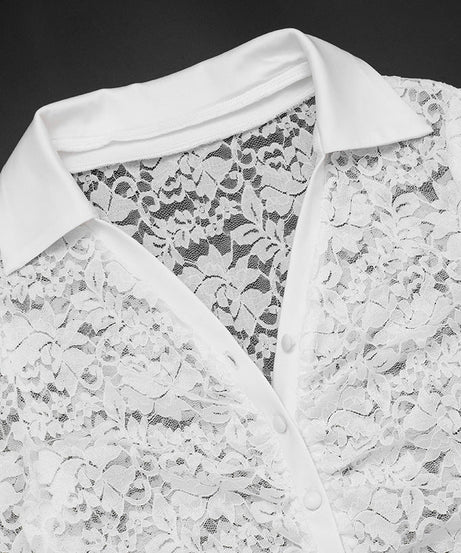 Chic White Lace Sheer Button-Up Top - Fall Layering & Date Night Must-Have