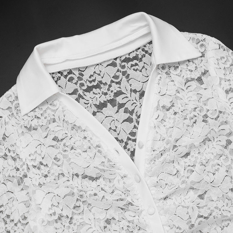 Chic White Lace Sheer Button-Up Top - Fall Layering & Date Night Must-Have