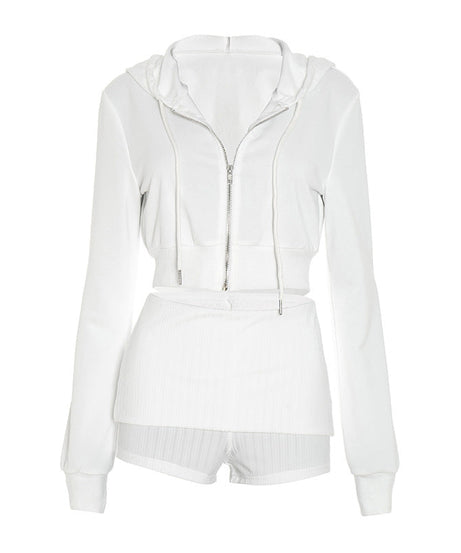 Fall Chill Luxe: Women's White Cropped Zip Hoodie & Ribbed Shorts Set