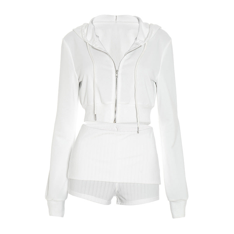 Fall Chill Luxe: Women's White Cropped Zip Hoodie & Ribbed Shorts Set