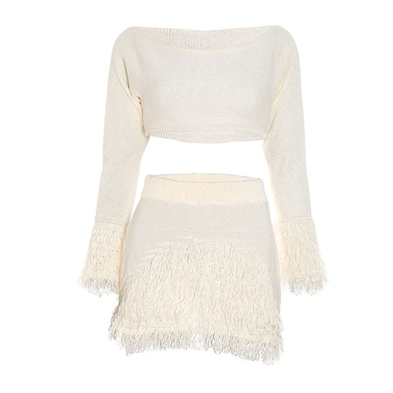 Boho Fringe Knit Crop Top & Mini Skirt Set | Effortless Fall Two-Piece