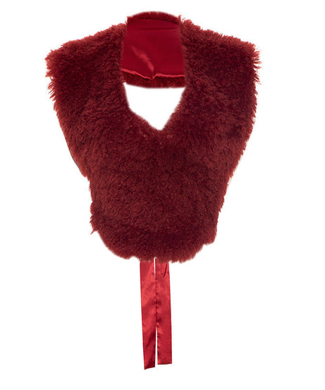 Luxurious Ruby Red Faux Fur V-Neck Tie Shrug - Chic Fall & Holiday Statement