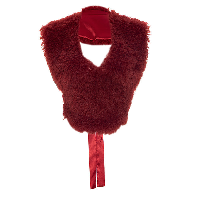 Luxurious Ruby Red Faux Fur V-Neck Tie Shrug - Chic Fall & Holiday Statement