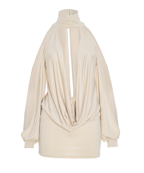 Chic Autumn Nights: High Neck Plunge Draped Mini Dress with Statement Sleeves