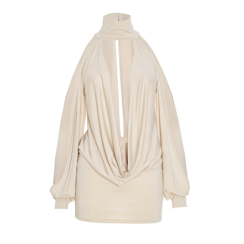 Chic Autumn Nights: High Neck Plunge Draped Mini Dress with Statement Sleeves
